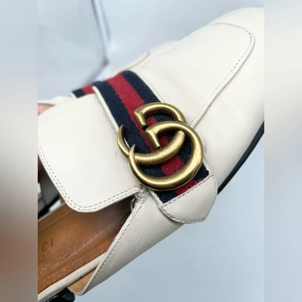 Gucci GG Logo Marmont Red Blue Web Canvas White Leather Mules Loafers EU 38.5 - Picture 12 of 15